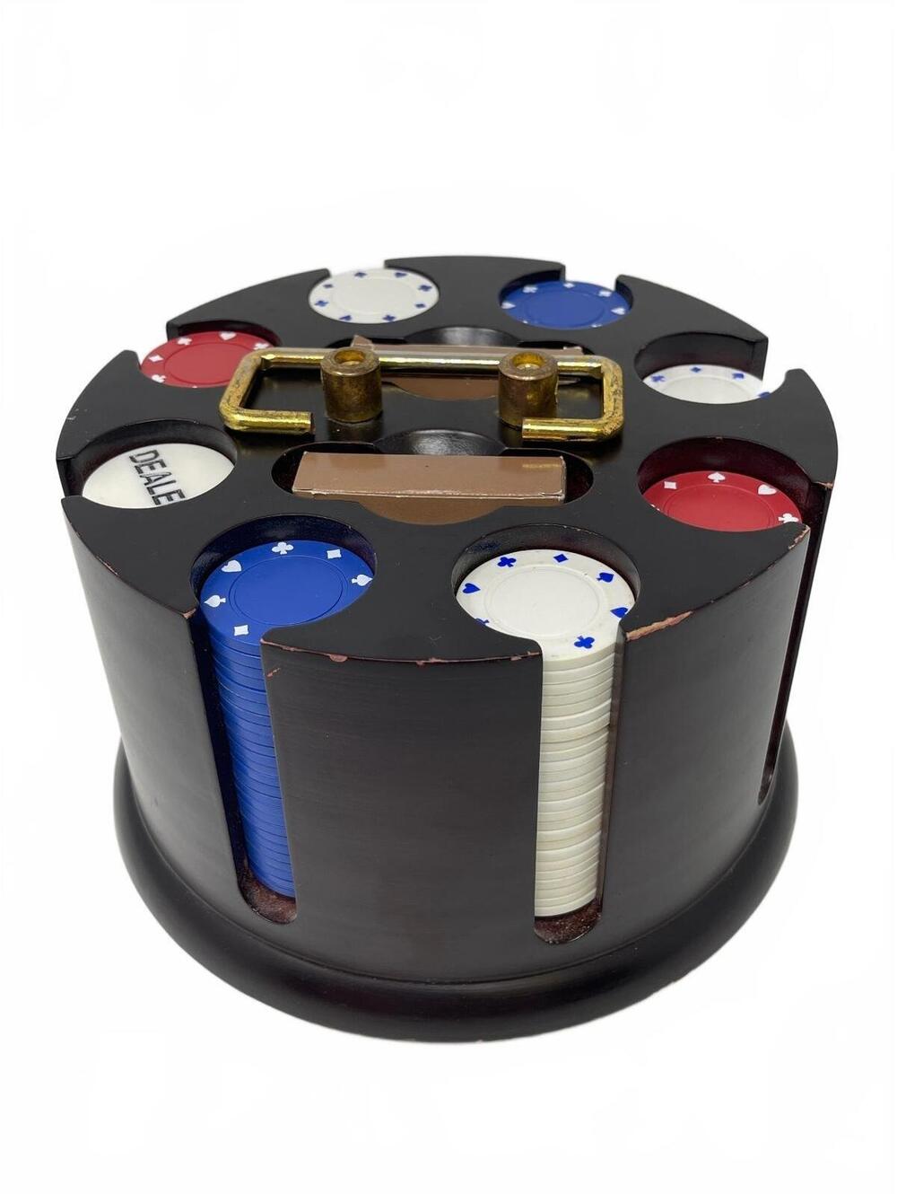 Vintage Wooden Poker Chip Carousel Caddy Rack Holder Case Blue Red White Dealer
